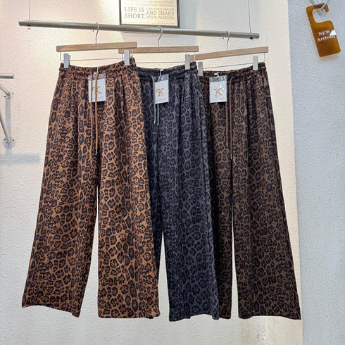 Ladies Leopard Print Wide Crystal Embedded Loose Trousers